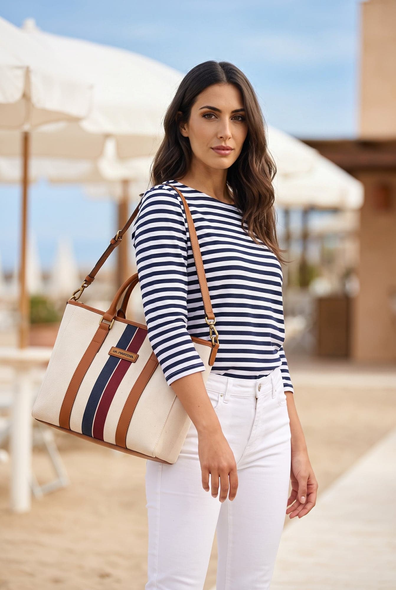 La Martina — shopper in tela con banda a righe