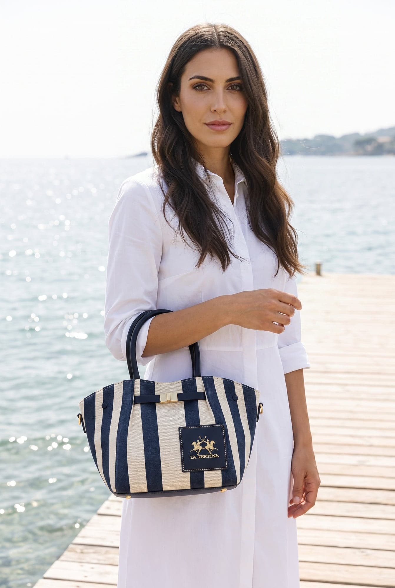 La Martina — borsa a righe blu e bianche con logo