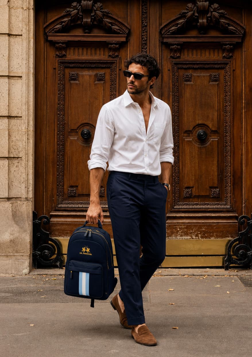 Uomo in camicia bianca con zaino blu La Martina davanti a un portone di legno
