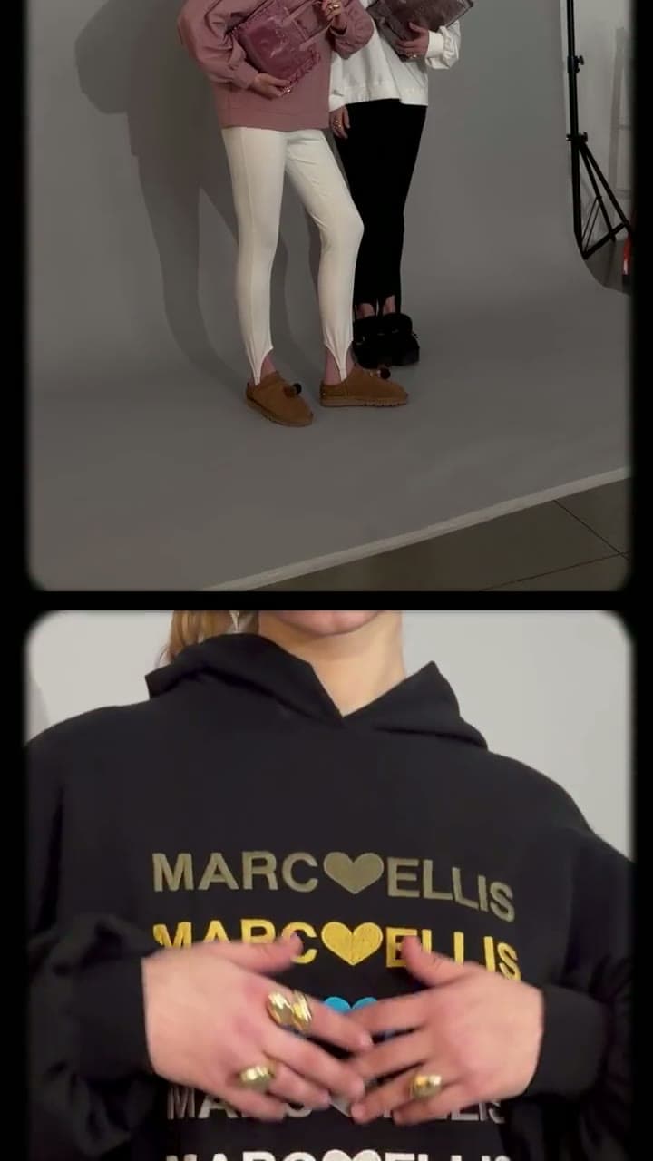 Marc Ellis — backstage dello shooting FW26-27: due modelle e felpe con logo Marc Ellis