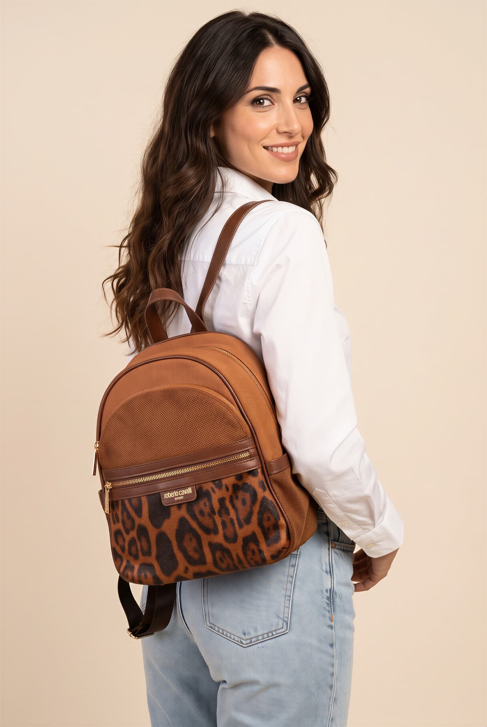 Roberto Cavalli Sport — zaino cuoio con tasca leopardata