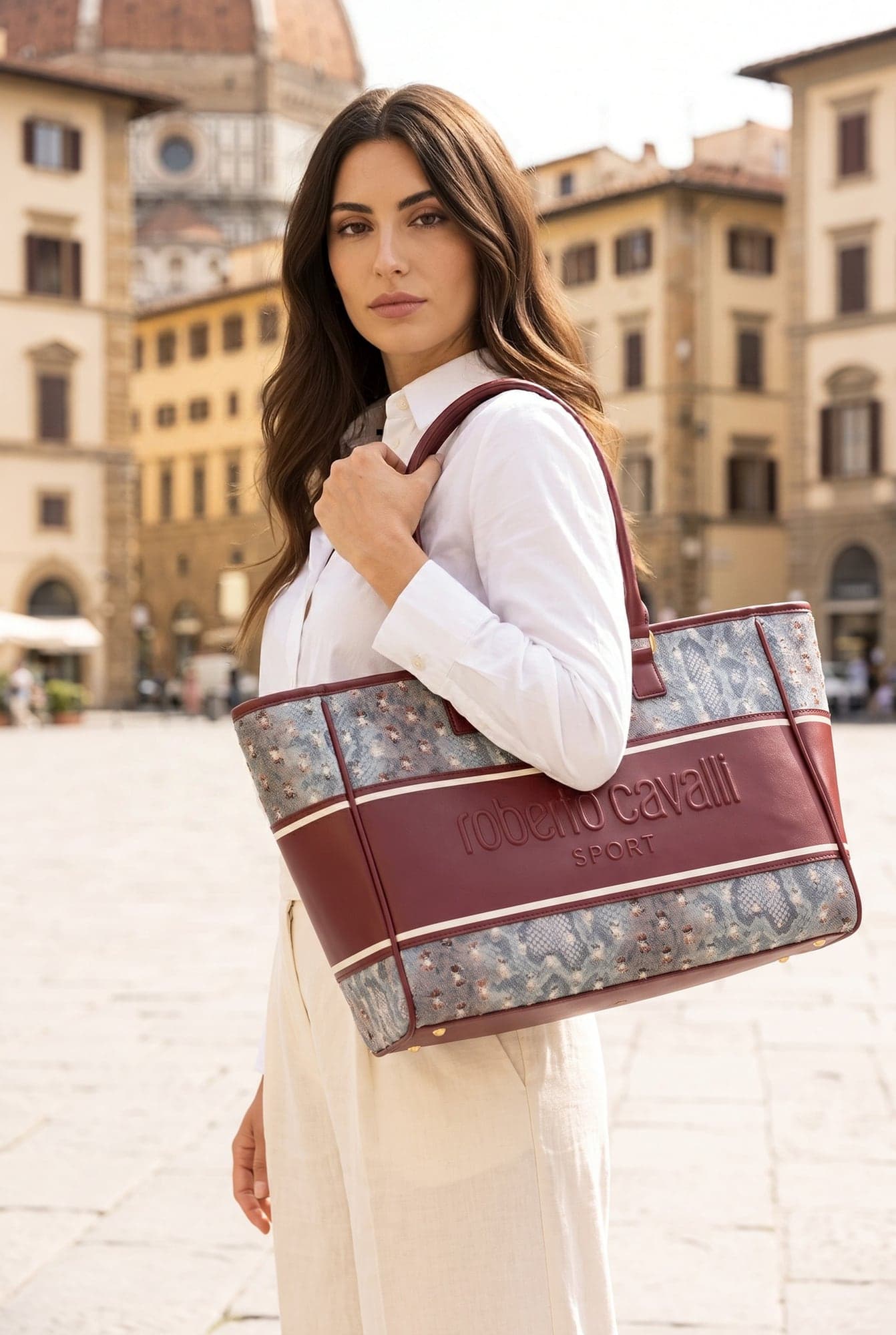 Roberto Cavalli Sport — shopper bordeaux e pitonata con scritta roberto cavalli SPORT in rilievo